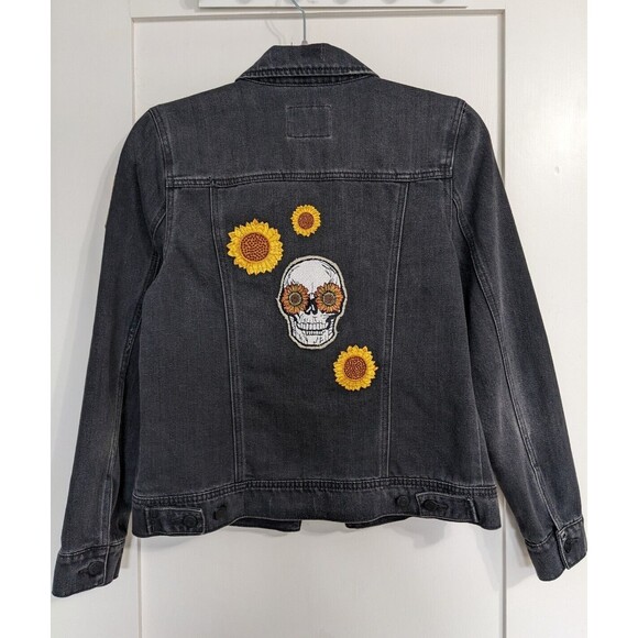 Embroidered Patch Denim Jacket Women’s Size S Old Navy Black Skull Pisces Custom - Picture 1 of 14
